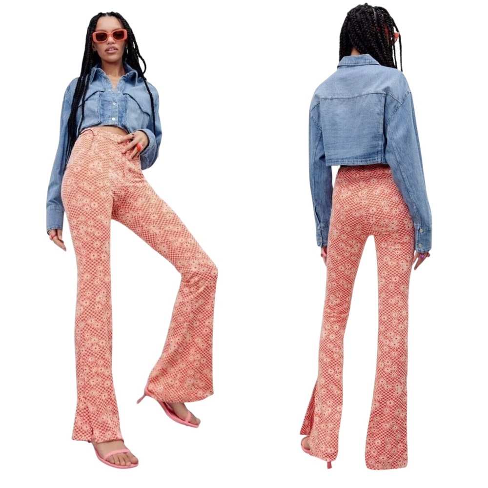 Zara Pink Patterned Boot Cut Flare Pants
